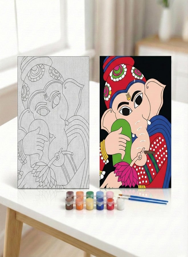 HOBBY INDIA مجموعة لوحة الرسم على القماش من هوبي إنديا للأطفال والكبار | هدية فنية وحرفية للأولاد والبنات | تصميمات فنية هندية يدوية الصنع جاهزة | ديكور للمنزل، غرفة النوم، غرفة المعيشة والمكتب (12 × 9 بوصة) (غانيشا) - Image 1